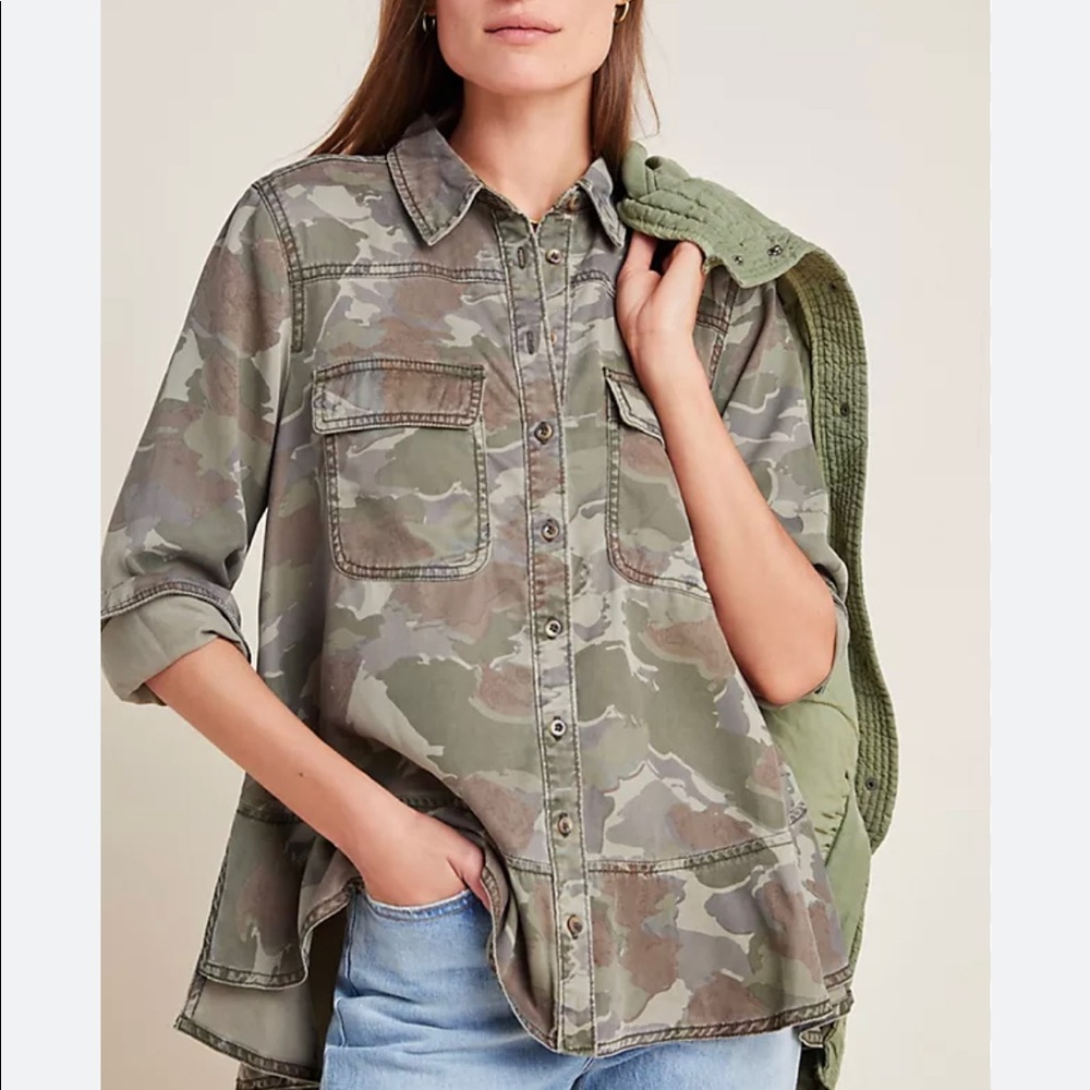 Anthropologie Montana Camo Buttondown Long Sleeve shirt womens size 14